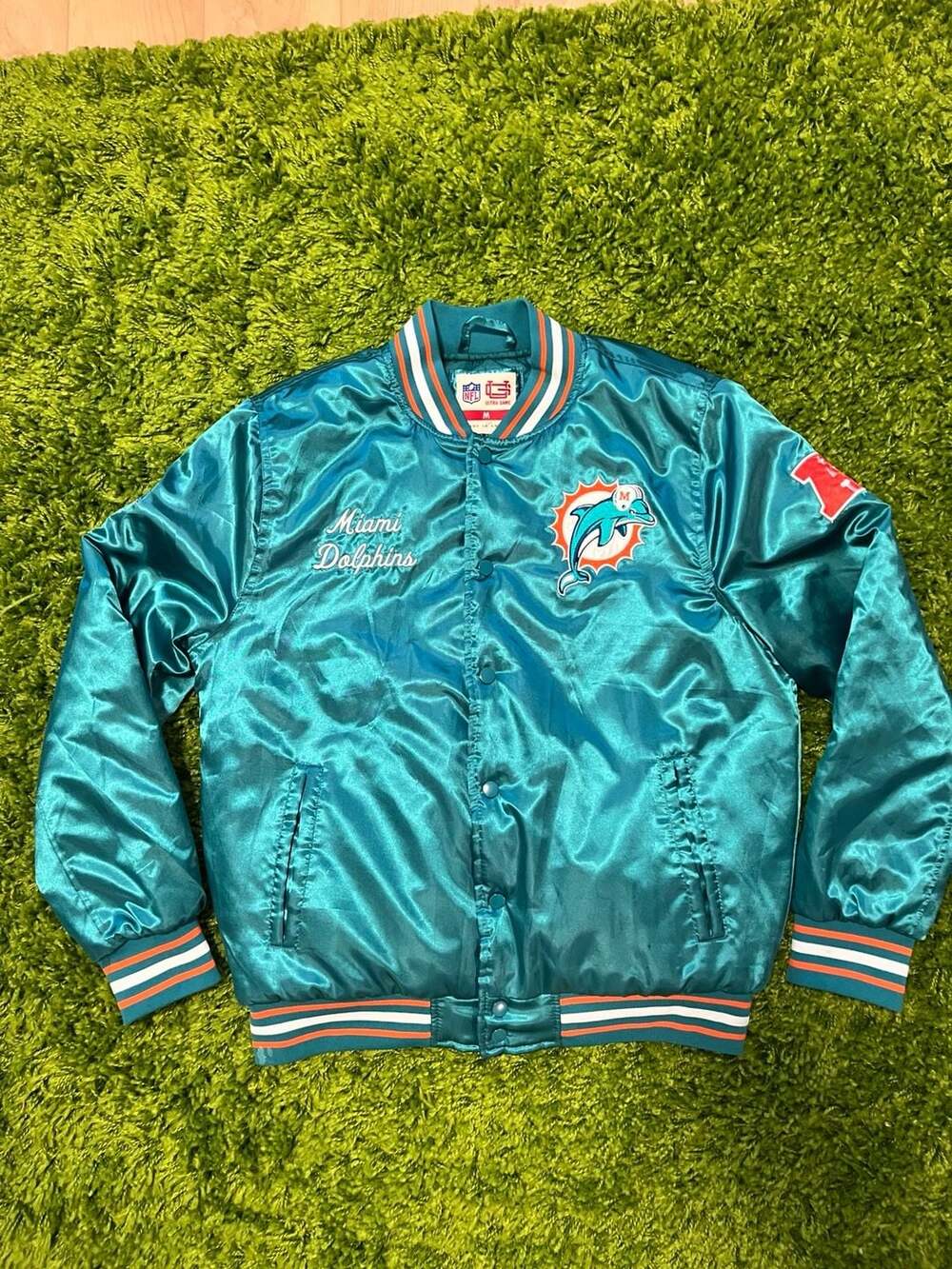 Ultra Game NFL Miami Dolphins Smashing Records Satin Varsity Jacket, Size M